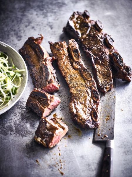 Beef rub Kalbi with yuzu parsley cucumber salad